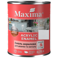 Емаль акрилова для дерева та металу, біла шовковисто-мат. TM Maxima -0.75л