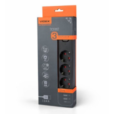 Подовжувач мережевий  3р 3м з/з та вмикачет +3 USB чорний Videx VF-PD33G2U1C-B